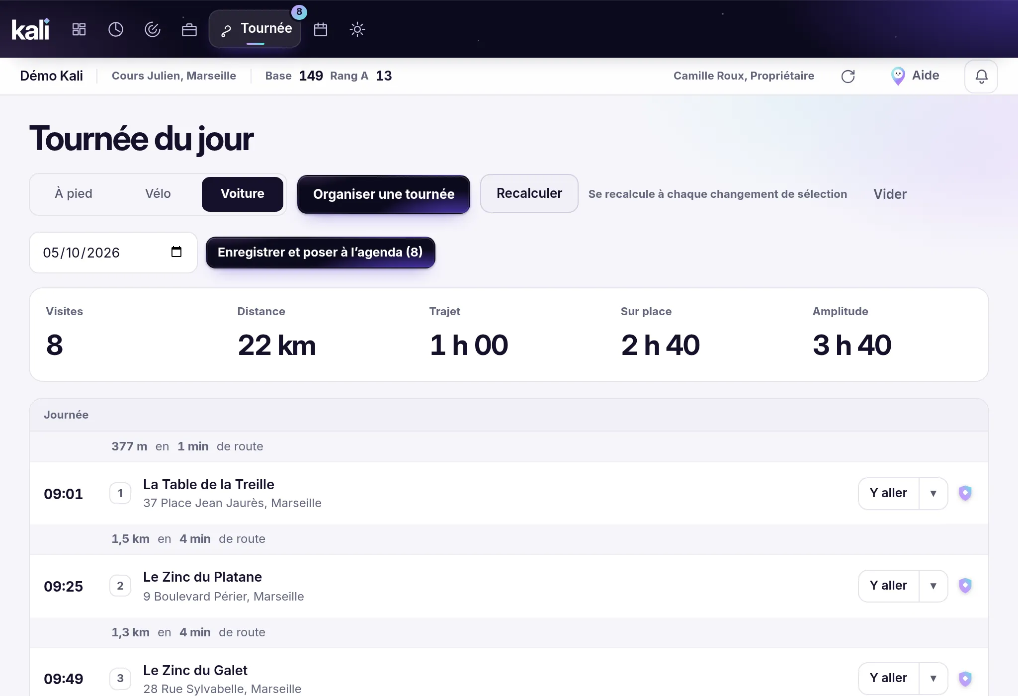 La tournée du jour dans Kali : visites ordonnées, horaires d’arrivée, distance et durée
